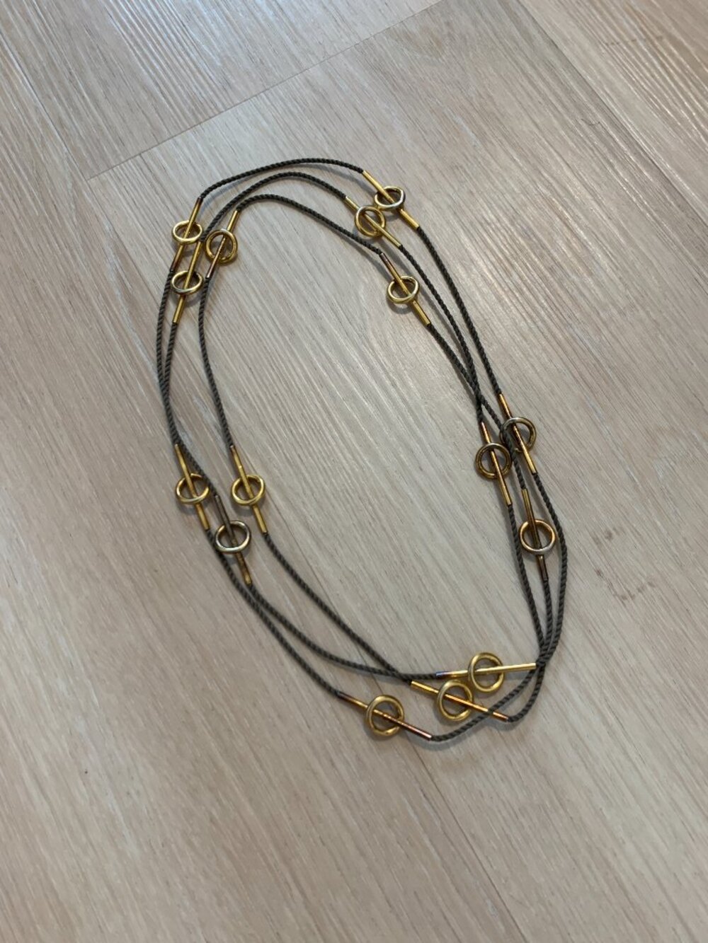 Extra long necklace with taupe cord and gold hardware 72" long